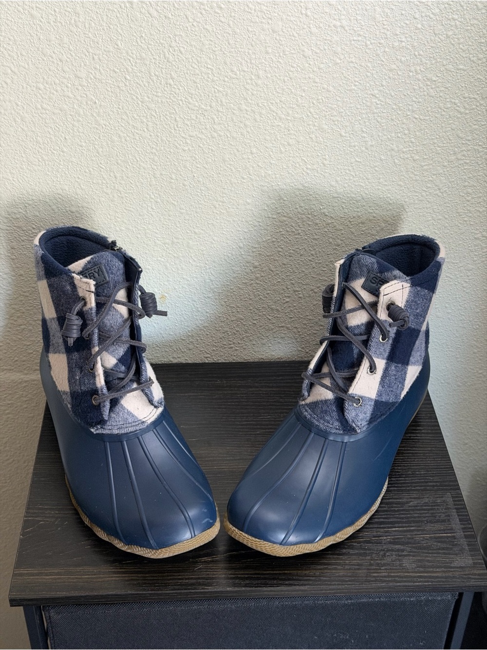 Sperry Top-Sider Women’s Saltwater Buffalo Check Navy Duck-Boots STS 88317 Sz 12